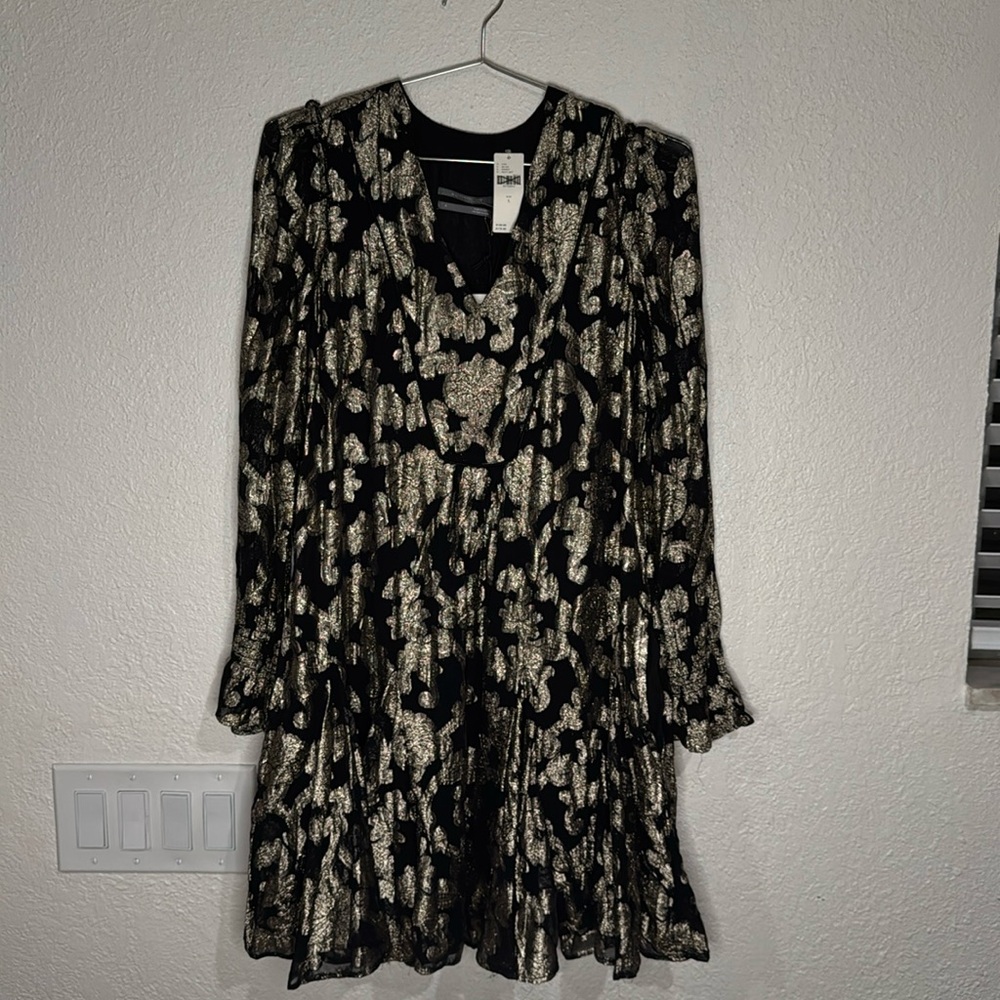 Anthropologie Black Gold Metallic Floral Long Sleeve Tunic Dress